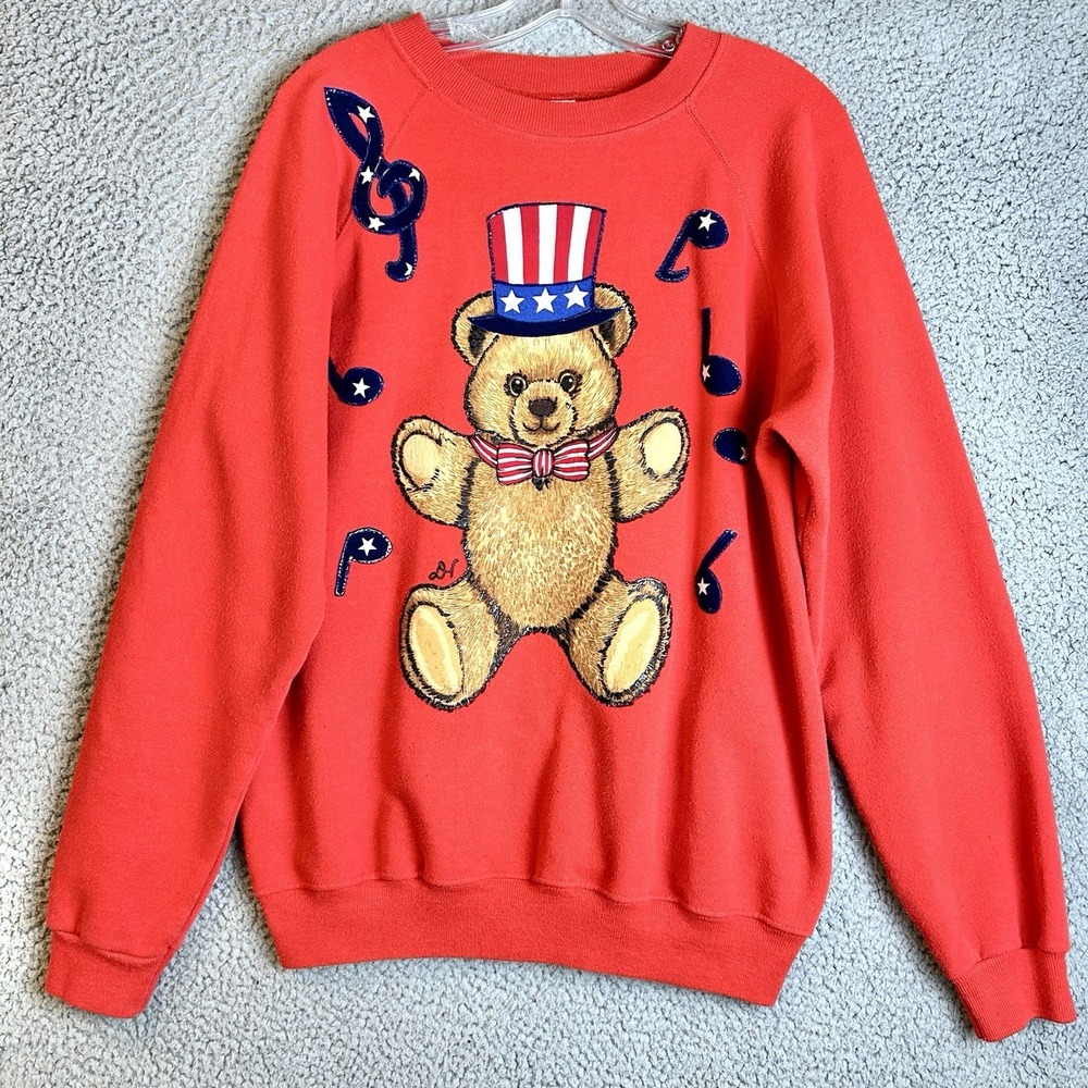 Vintage 80s Patriotic Teddy Bear Sport Crewneck Sweatshirt Size Large USA